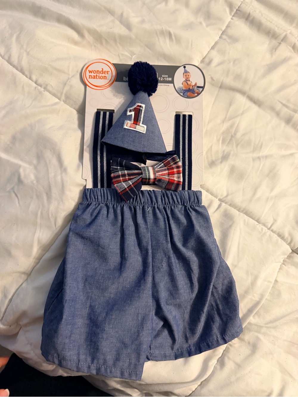 wonder nation navy and blue 1st birthday suspender set with plaid bow tie